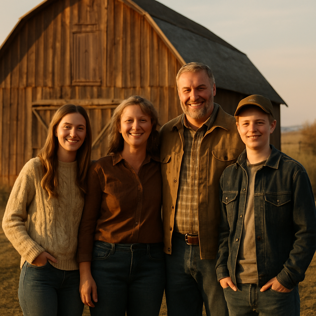 Idaho farm family in front of their barn