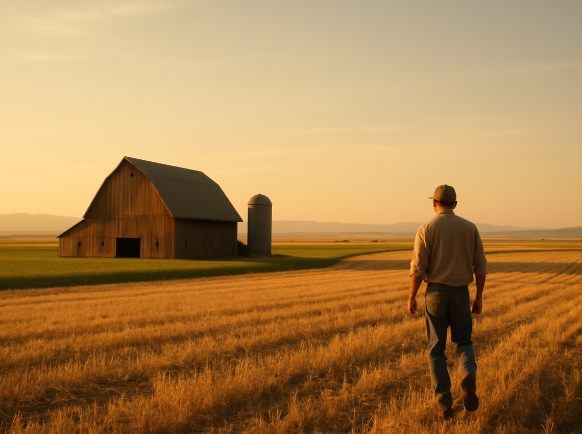 Eastern Idaho farm with barn and fields at golden hour