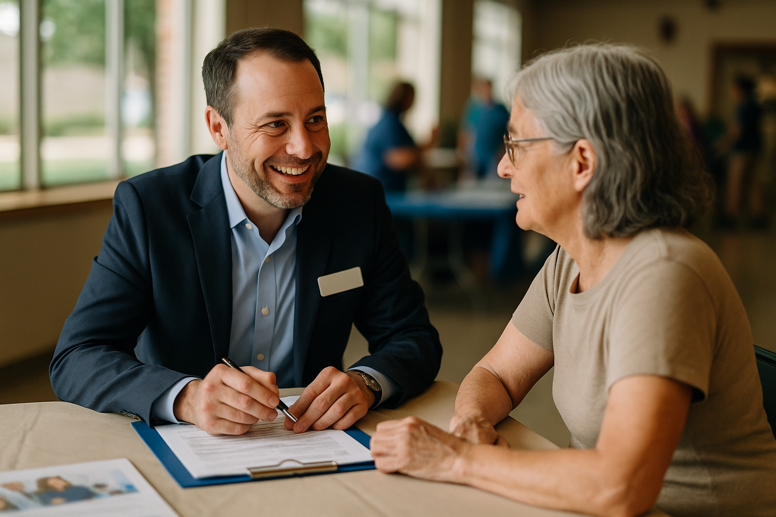 Agent helping an attendee at a community insurance event
