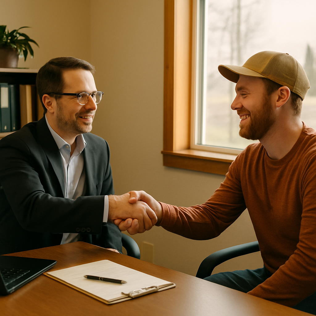 Agent and happy new client shaking hands in an Idaho office