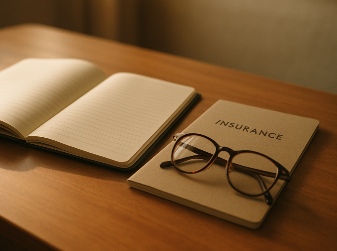 Insurance glossary study materials on a desk