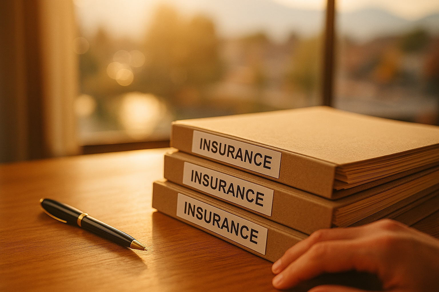 Organized insurance document folders on a desk