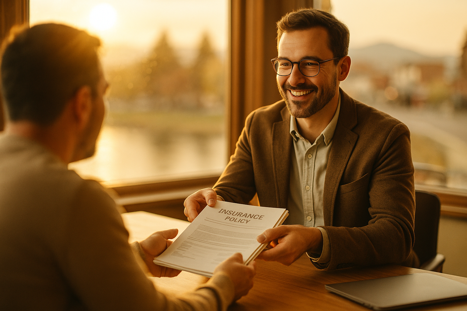 Advisor handing organized policy paperwork to a client