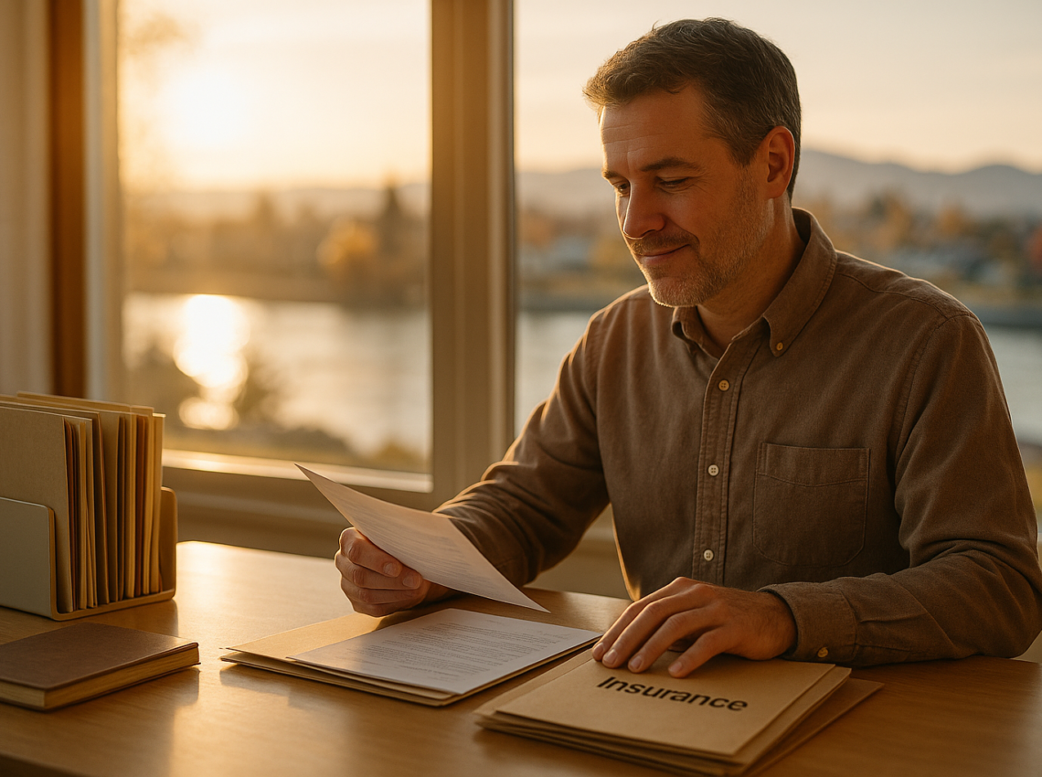 Organizing insurance policy documents at a desk
