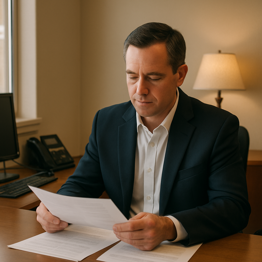 Licensed insurance professional reviewing client paperwork at a desk