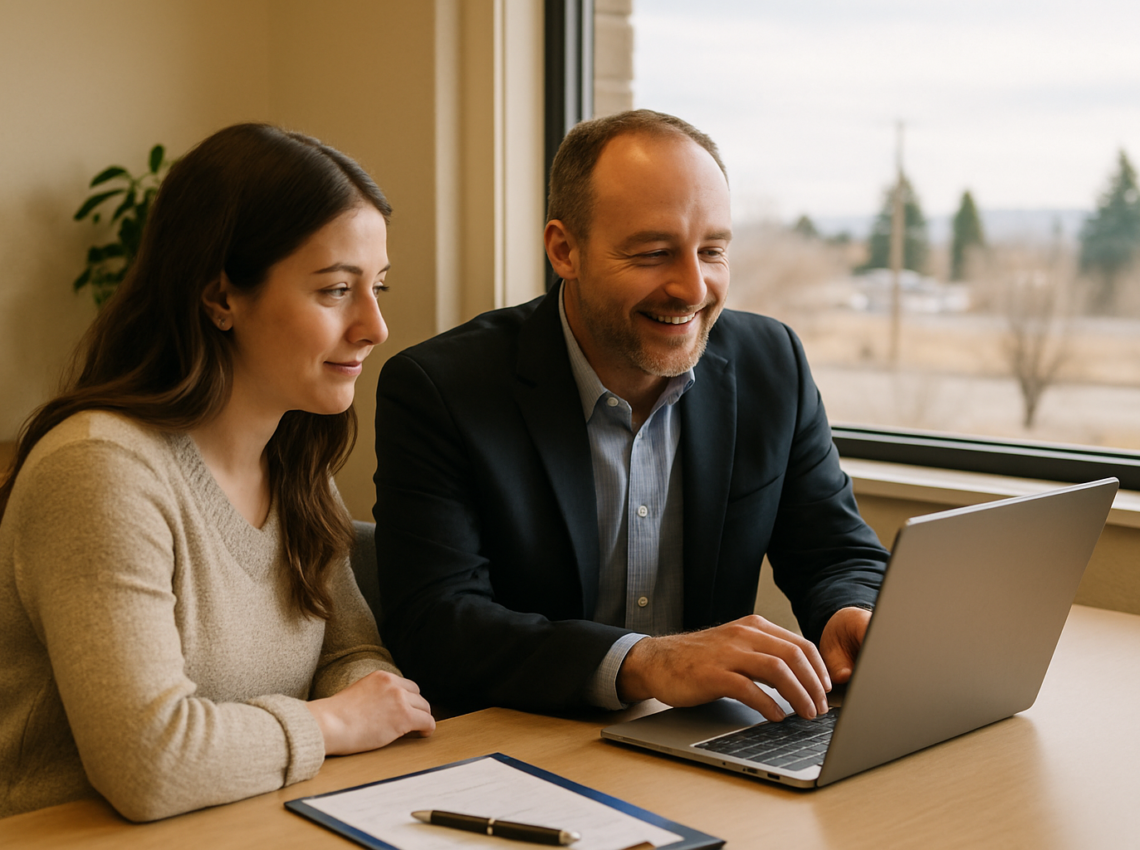 Eagle Cap agent helping an Idaho resident enroll through Your Health Idaho on a laptop
