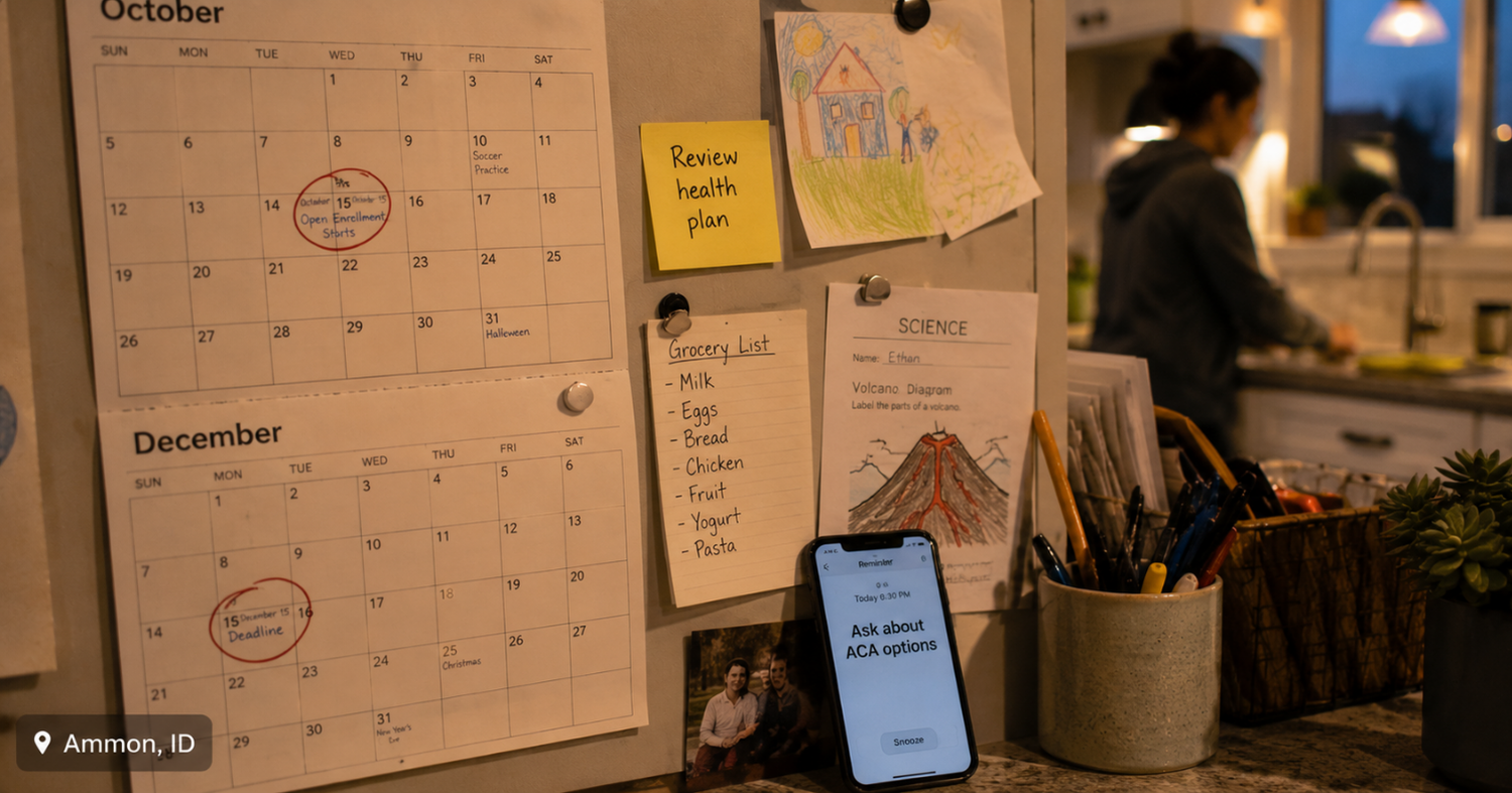 Idaho Falls family calendar showing health insurance open enrollment dates for ACA health plan assistance and plan review