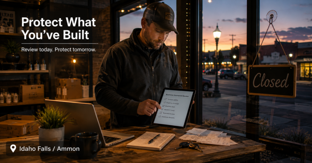 Idaho Falls and Ammon small business owner reviewing business insurance coverage after hours in a local storefront