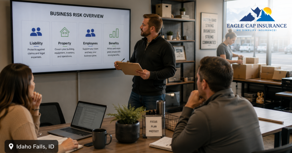 Idaho Falls small business owner reviewing business insurance needs including liability property employees and benefits