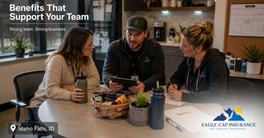 Idaho Falls small business owner reviewing group health plan assistance and employee benefits with local team members