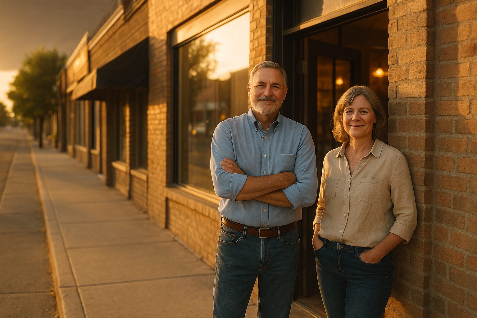 Two Idaho Falls small-business owners in the doorway of their main-street storefront