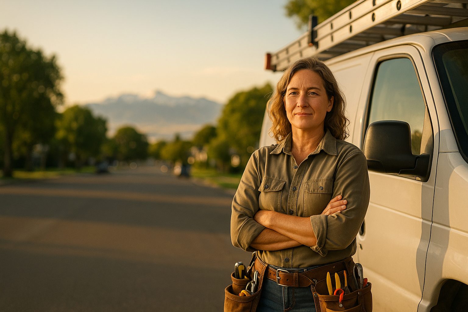 Self-employed eastern Idaho electrician standing beside her work van at a residential job site