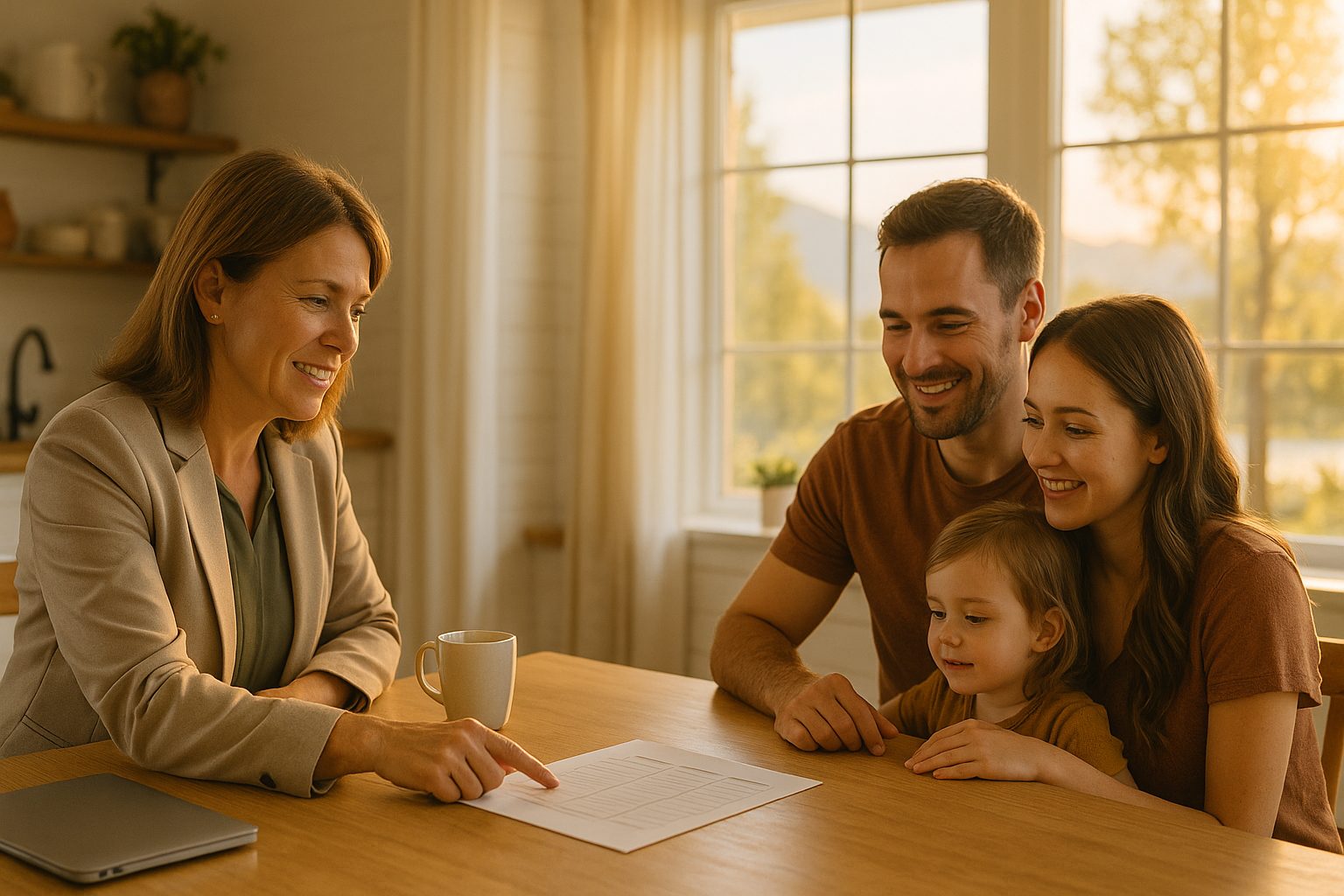 Licensed Eagle Cap Insurance advisor reviewing health plan options with a young Idaho family at their kitchen table