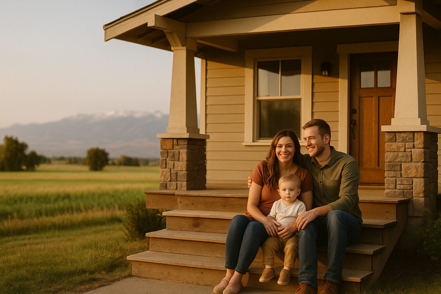 Young Idaho couple with their toddler on the front porch of their Ammon home at sunset