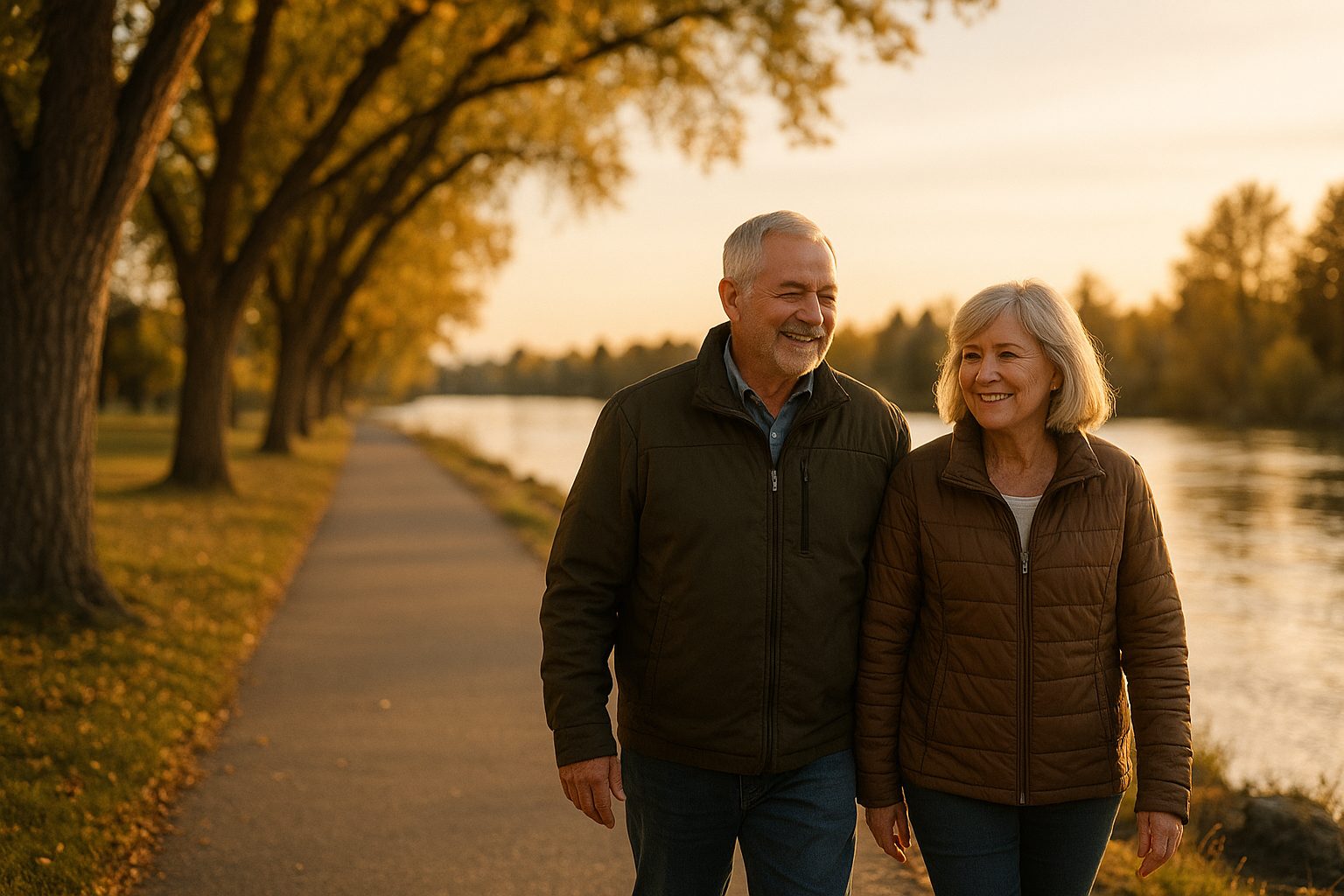 Retired Idaho couple walking along the Snake River greenbelt in Idaho Falls at golden hour