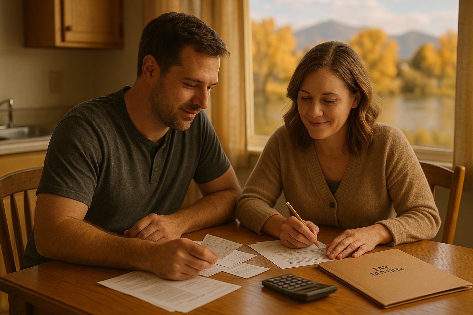 Couple at a kitchen table in Ammon, Idaho sorting pay stubs and last year's tax return before applying for coverage