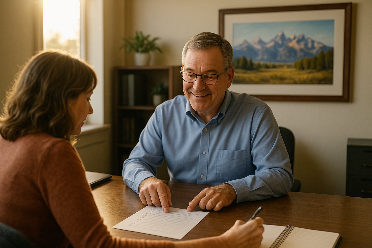 Licensed insurance agent in an eastern Idaho office reviewing a printed application checklist with a woman across the desk