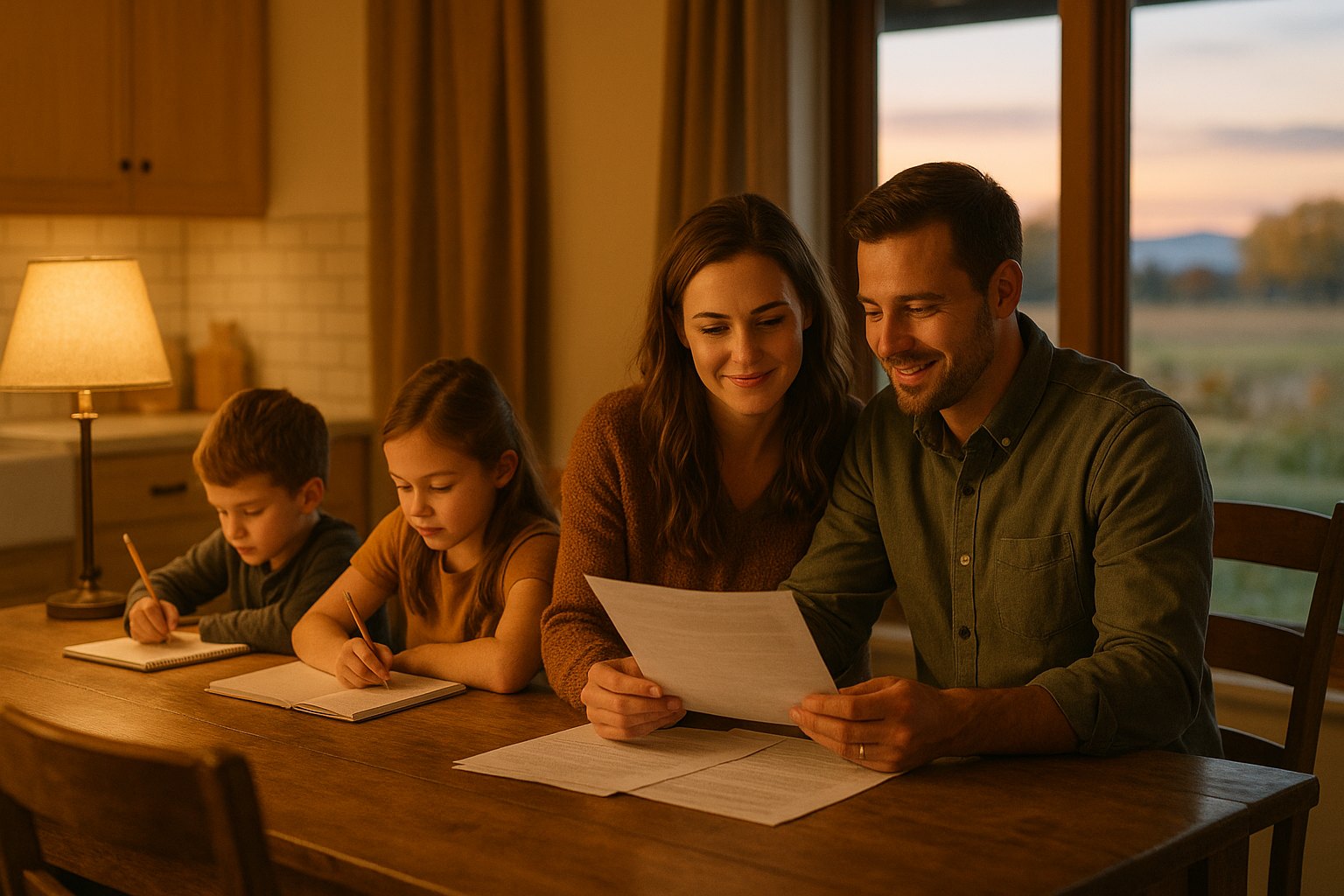 Eastern Idaho family at their kitchen table in the evening going over household paperwork together before open enrollment
