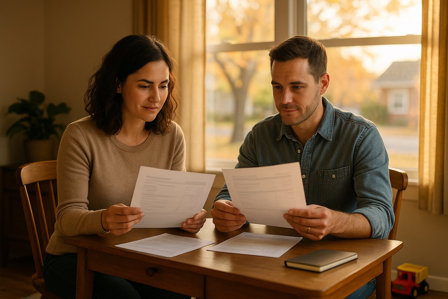 Parents in their 30s at a desk in an Idaho Falls home comparing two printed health plan summaries side by side