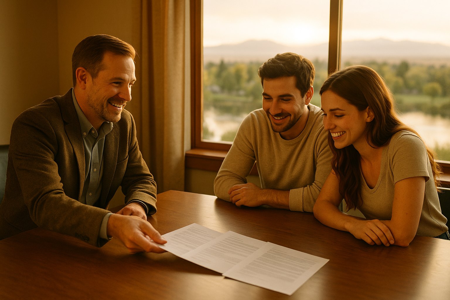 Insurance agent laying out three paper plan options on a conference table for a young couple in an eastern Idaho office
