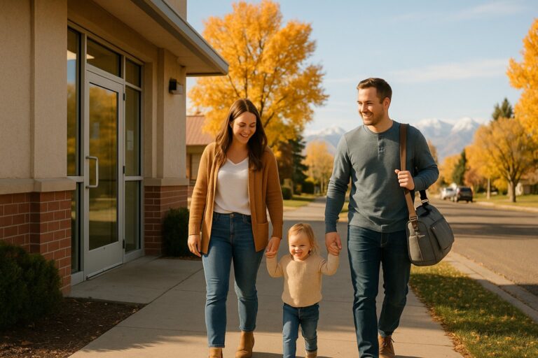 Young eastern Idaho family walking out of a clinic on a crisp fall morning, the mother holding a toddler's hand