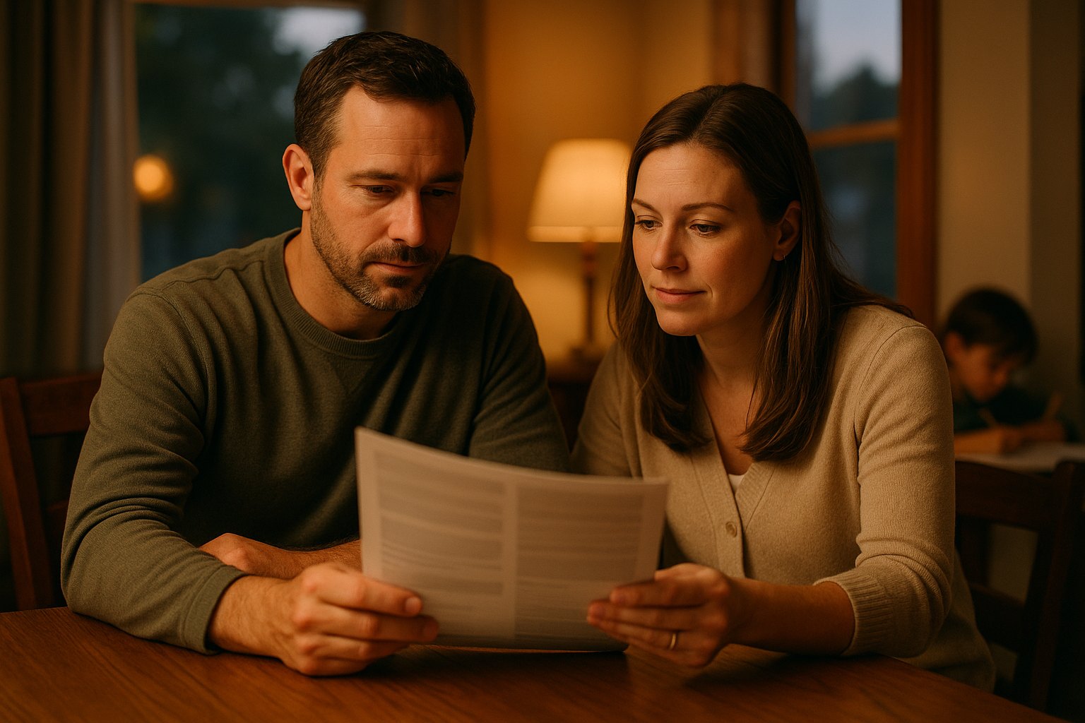 Married couple in Ammon reviewing an employer benefits enrollment packet together at a dining table in the evening