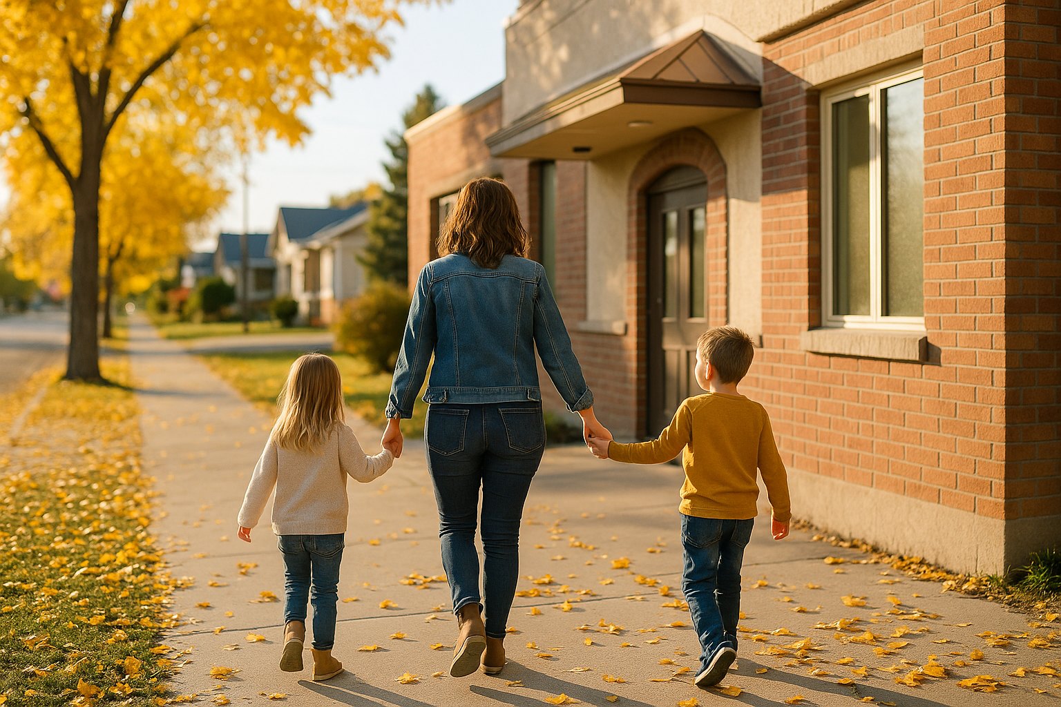 Idaho Falls mother and two children walking into a neighborhood pediatric clinic on a sunny fall morning