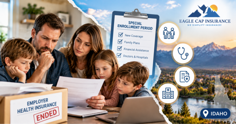 Idaho family reviewing lost employer health insurance documents and Special Enrollment Period options, including family health plans and financial assistance through Your Health Idaho.
