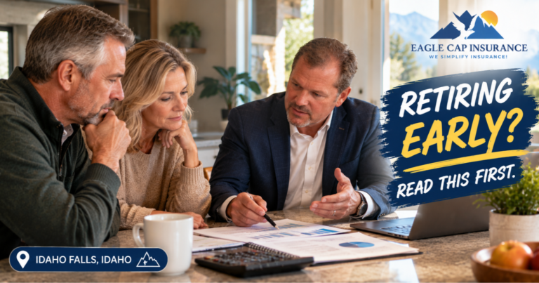 Idaho couple reviewing early retirement planning with an insurance advisor, discussing whole life insurance cash value, retirement income, and health insurance options in Idaho Falls.